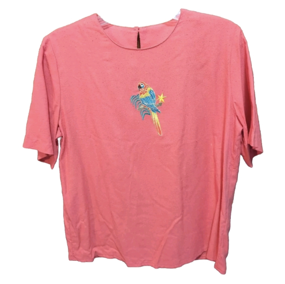 City Girl Women's Short Sleeve Blouse 100% Silk Embroidered Parrot Made In USA
